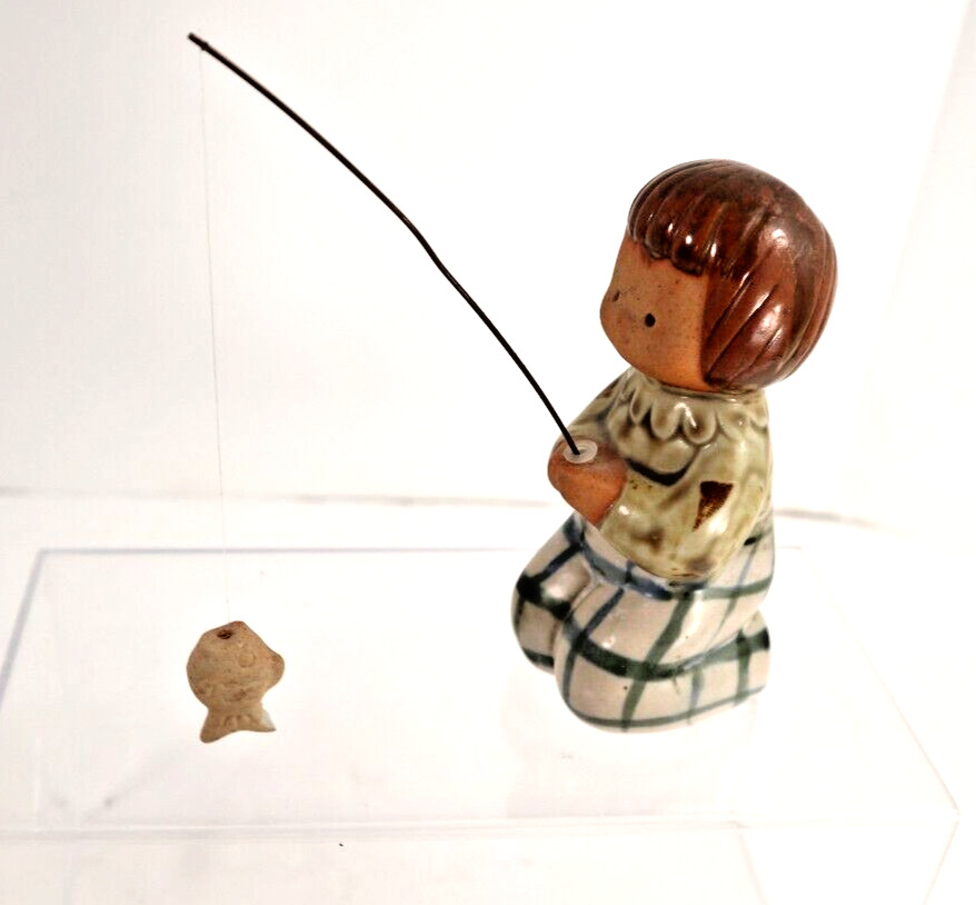 Vintage Fitz & Floyd Stoneware Boy Figurine With Fishing Pole & Fish 5\