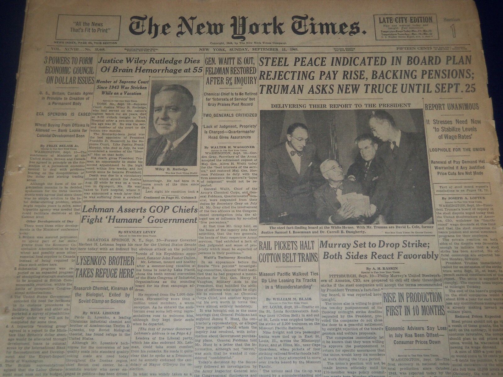 1949 SEPTEMBER 11 NEW YORK TIMES - JUSTICE WILEY RUTLEDGE DIES - NT 3668
