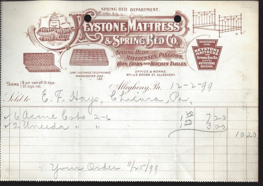 1899 Keystone Mattress & Spring Bed Co. Allegheny Pa Receipt Antique Ephemera