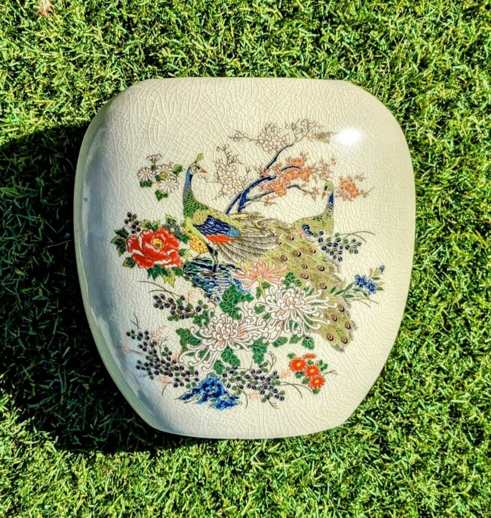 Vintage Peacocks & Flowers Gold Crackle Glazed Porcelain Oval Thin Signed Vase