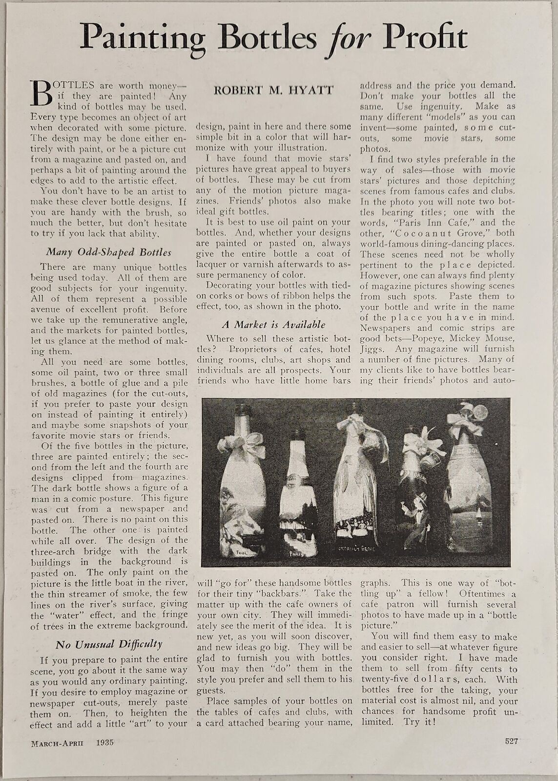 1935 Magazine Photo Article Painting Bottles for Profit and How To Sell Them