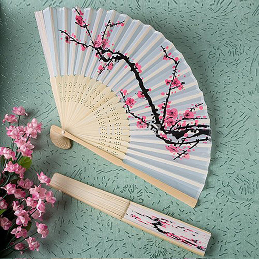 Fancy Chinese Japanese Hand Held Folding Cherry Blossom Silk Bamboo Wedding Fan