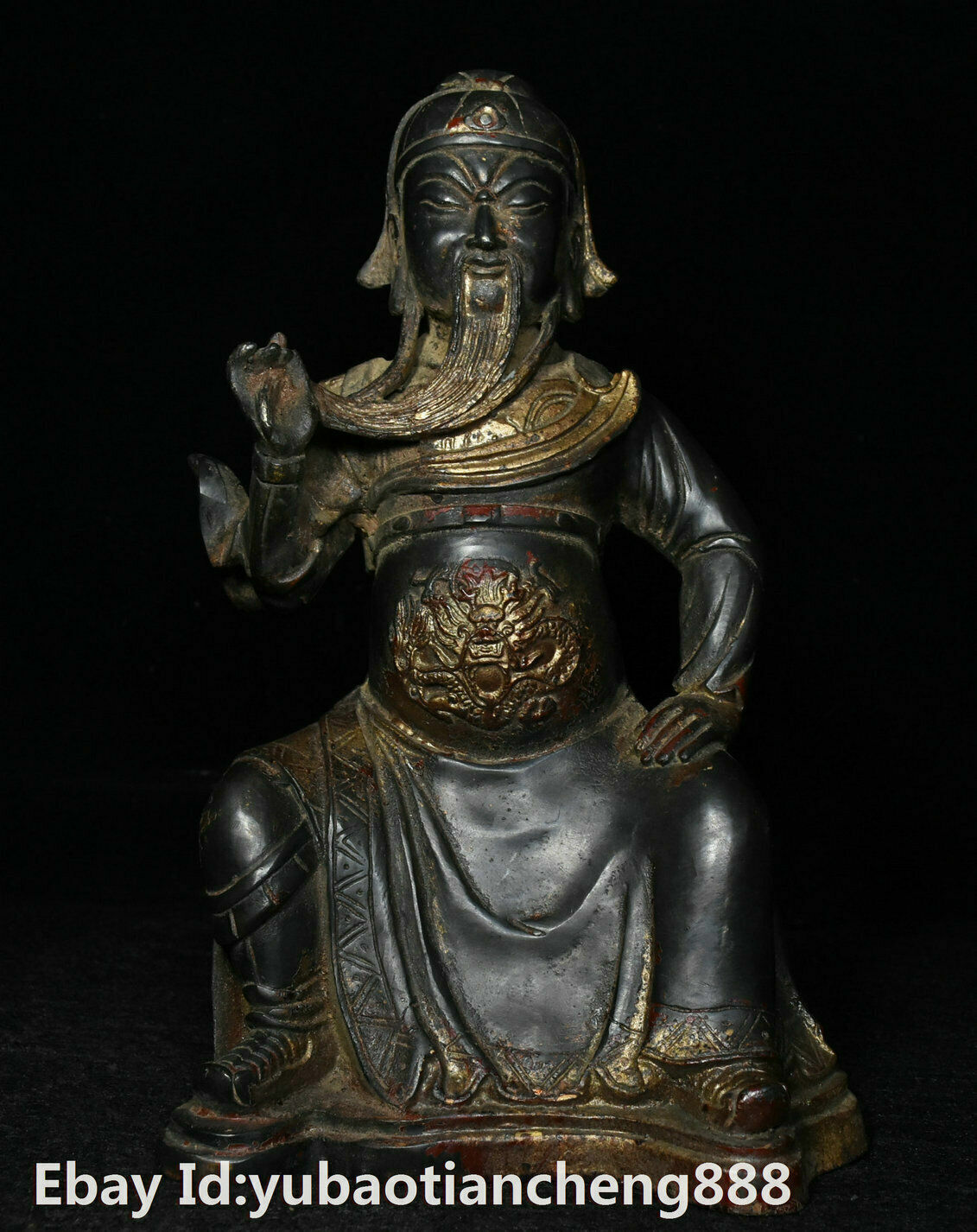 China Folk Old Bronze Gilt General sit Dragon Warrior GuanGong GuanYu God Statue