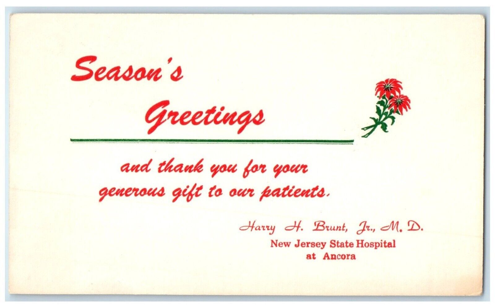 Season's Greetings New Jersey State Hospital At Ancora Insane Asylum Postcard