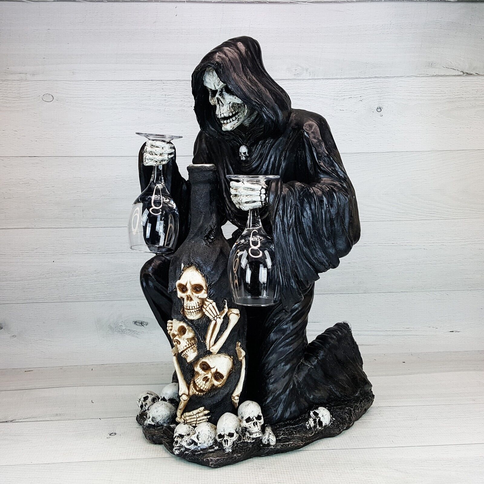 Gothic Grim Reaper Wine Liquor Bottle Holder  2 Stemmed Glasses Skulls Halloween