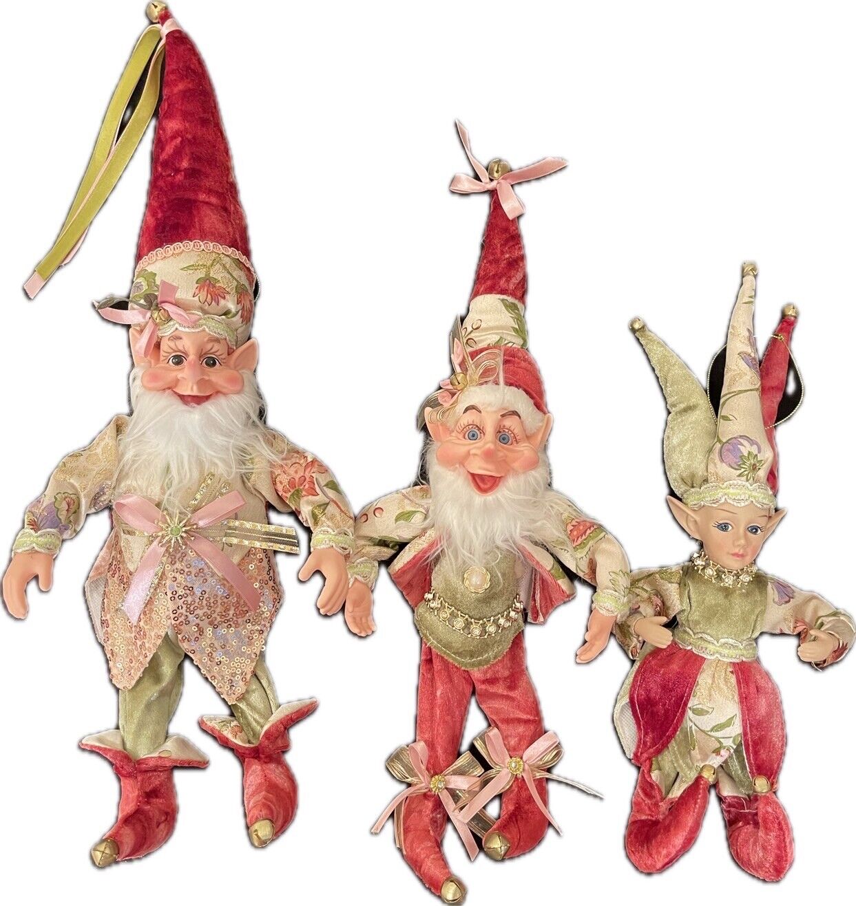 3PC SET - Christmas Handmade Holiday Posable Elves And Jester Figurines / Dolls
