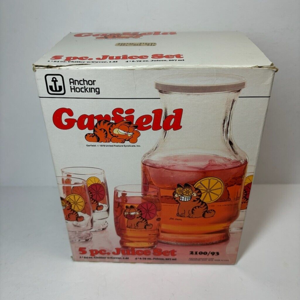 Vintage 1978 Anchor Hocking Garfield 5 Piece Glass Juice Set