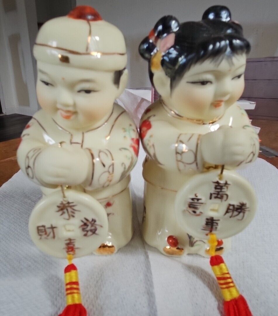 Chinese Ceramic Lucky Golden Couple Jintong & Yunu Jade  Figurines NEW 5\