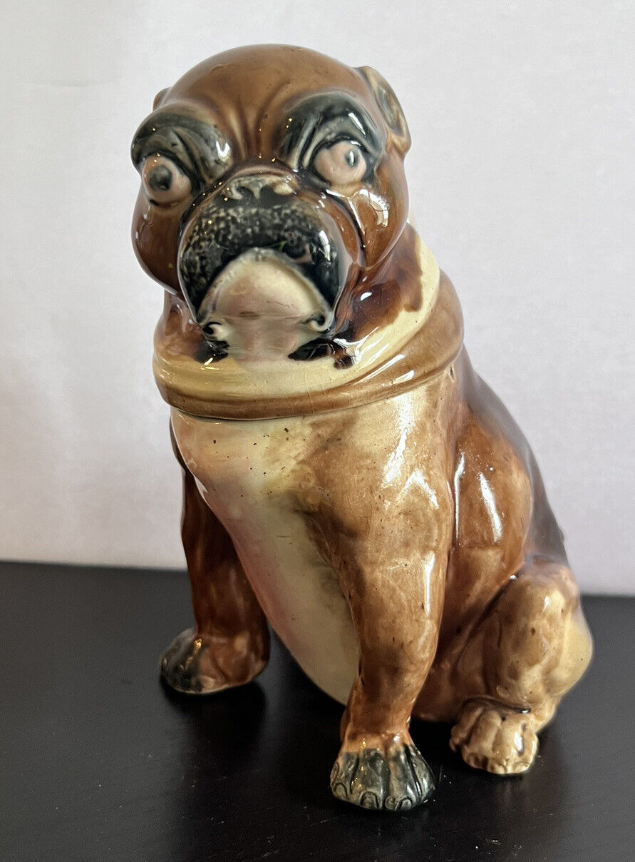 Antique English Majolica Figural Pug Humidor Bulldog Dog Tobacco Jar 1800s AS IS