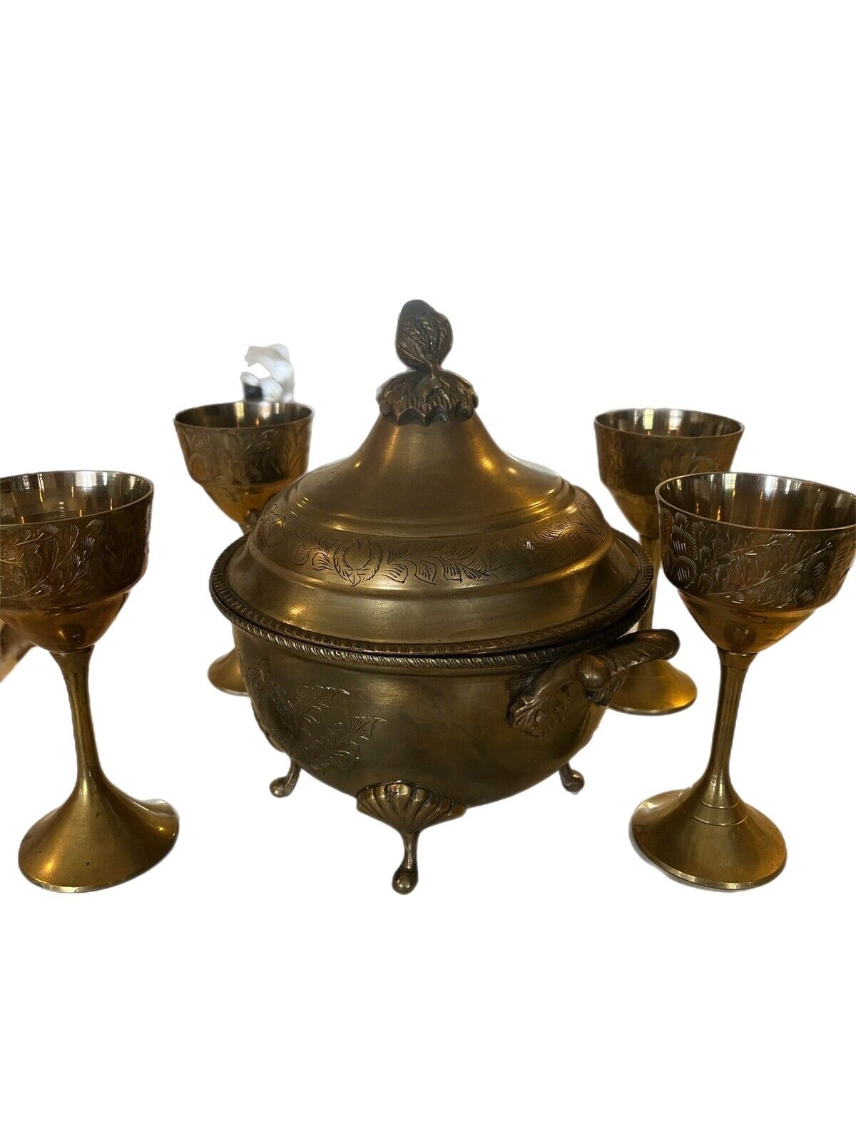 Vintage Brass Etched India Barware Ice Bucket Handles, Lid Acorn Finial 4 Goblet