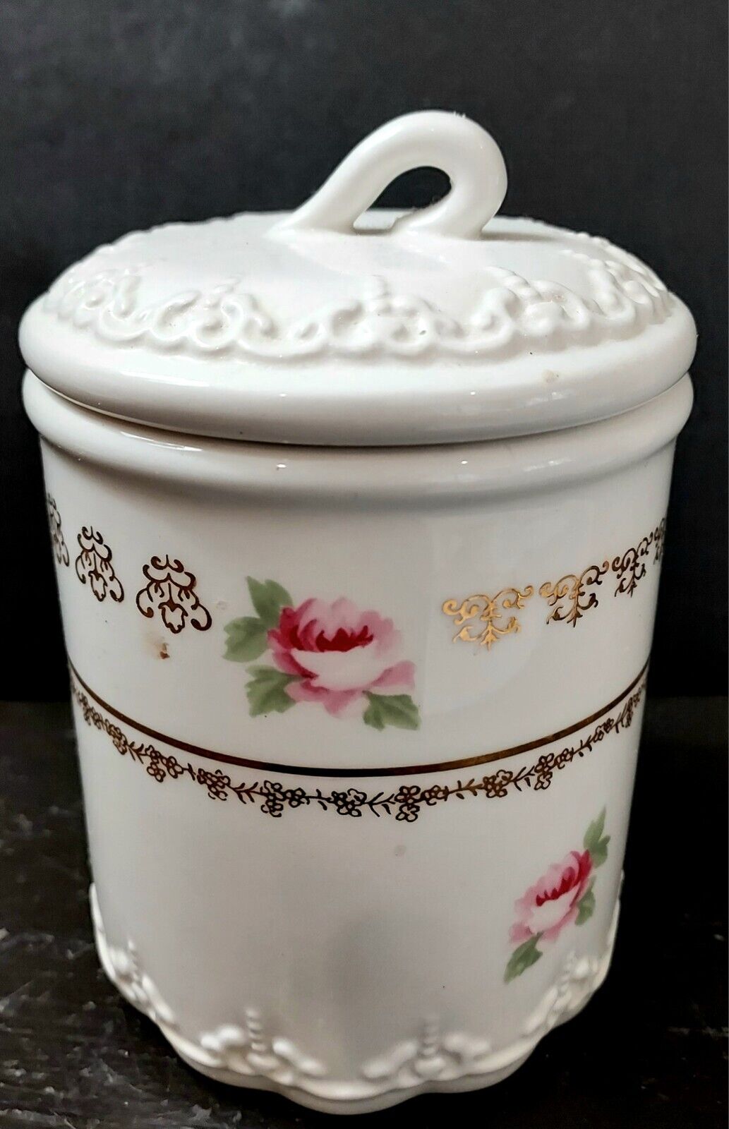 Simply Shabby Chic Vanity  Dresser Jar Porcelain Embossed Pink Roses Cottagecore