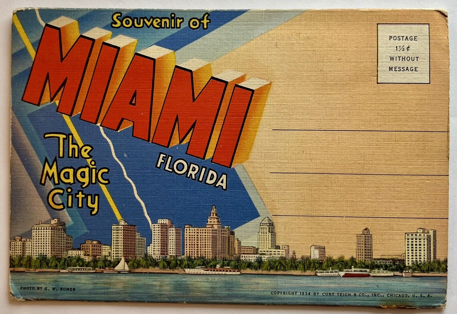 Vtg 1934 Linen Postcard Foldout MIAMI Florida 18 Mint Lithos Souvenir Unused EC
