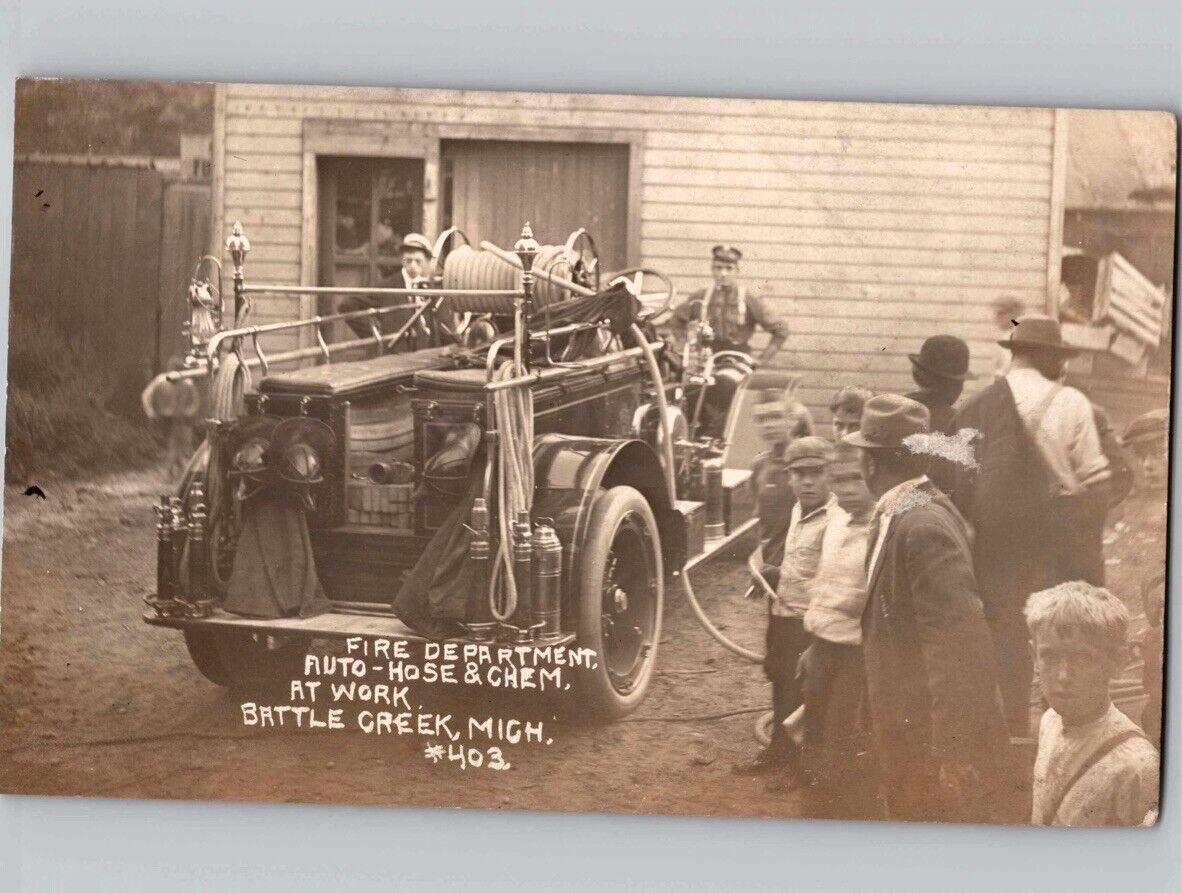 c1910 EARLY NEW Fire Department Truck Battle Creek Michigan MI RPPC Postcard