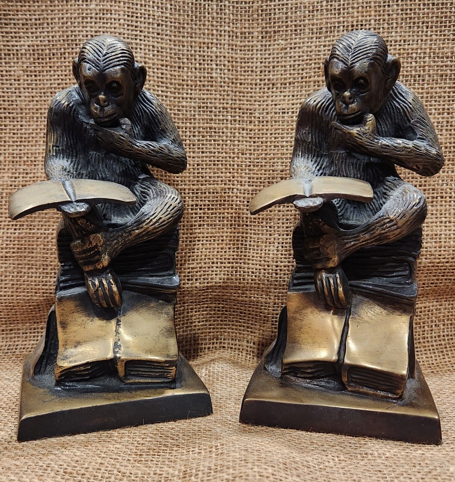 Brass Monkeys Reading Book Figurines Statues Bookends Vtg Set of 2 Made in India
