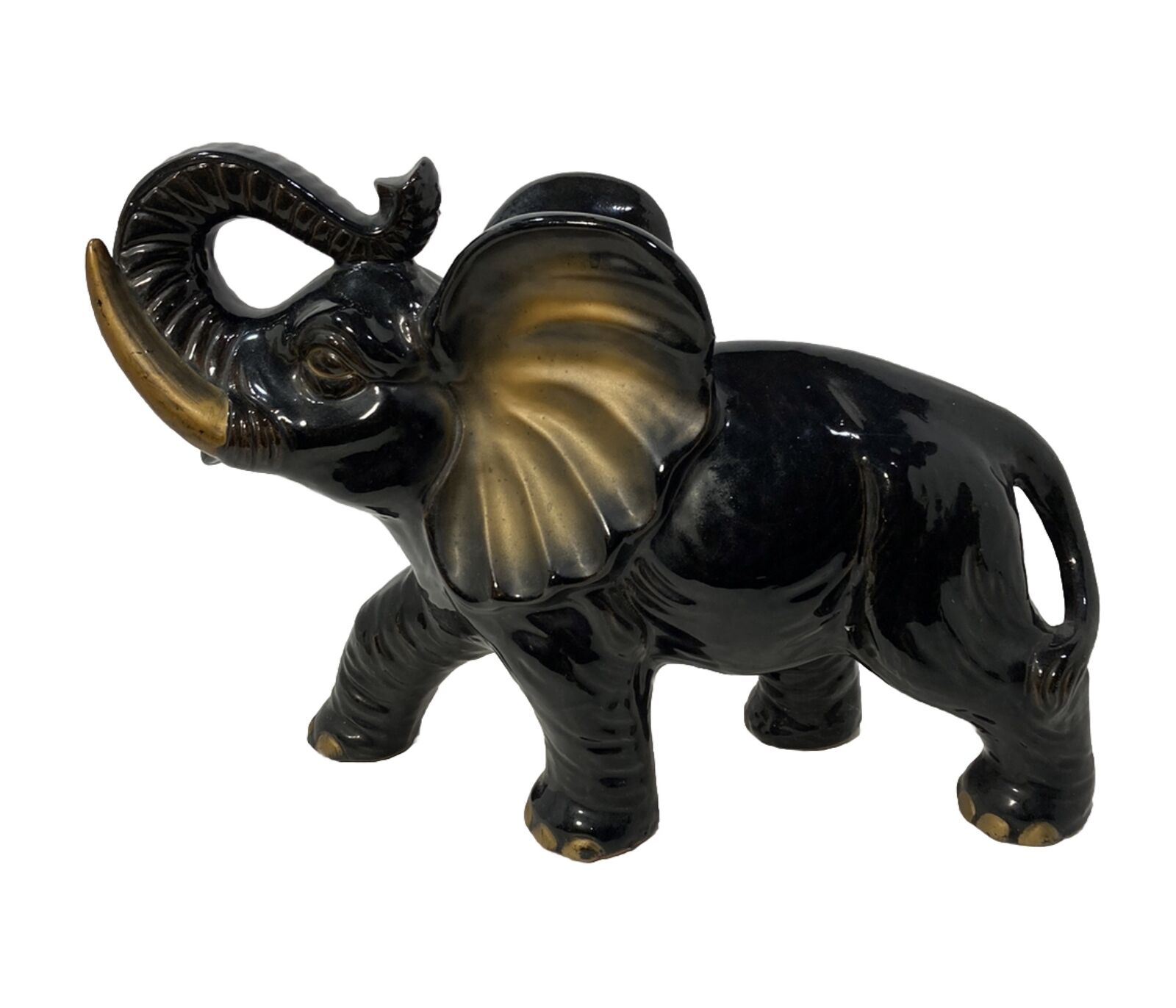 Vtg MCM 1960’s Glazed Redware Elephant-Large 14x-10”-Trunk Up-Black-Gold Accents