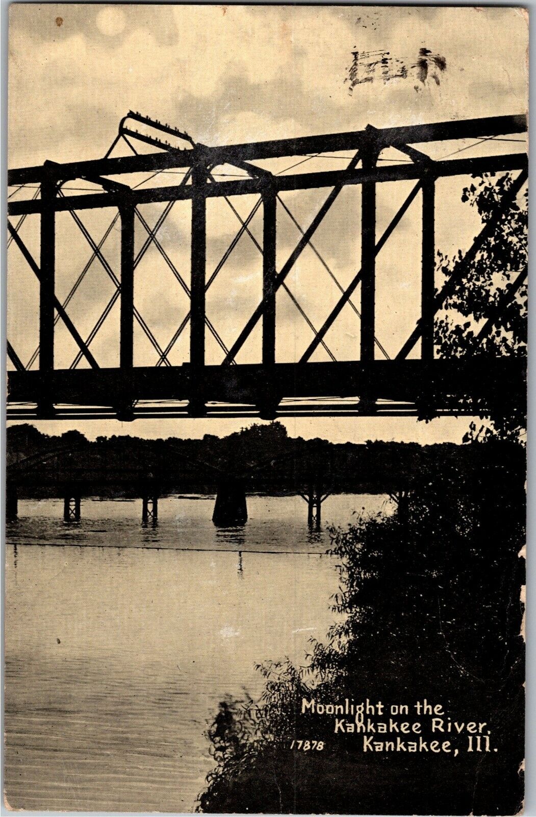 Bridge, Moonlight on the Kankakee River, Kankakee IL c1907 Vintage Postcard C46