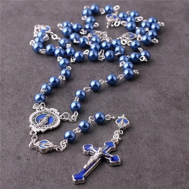Deep Blue Beads Rosary Necklace Catholic St Mary And Cross Crucifix