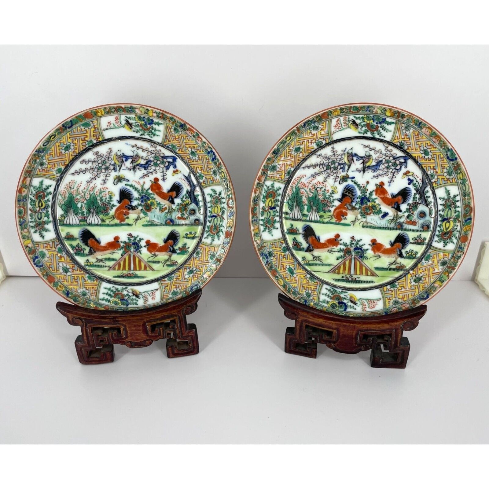 Vintage Chinese Plates Roosters With Wood Plate Stands - Flaw - Read Description