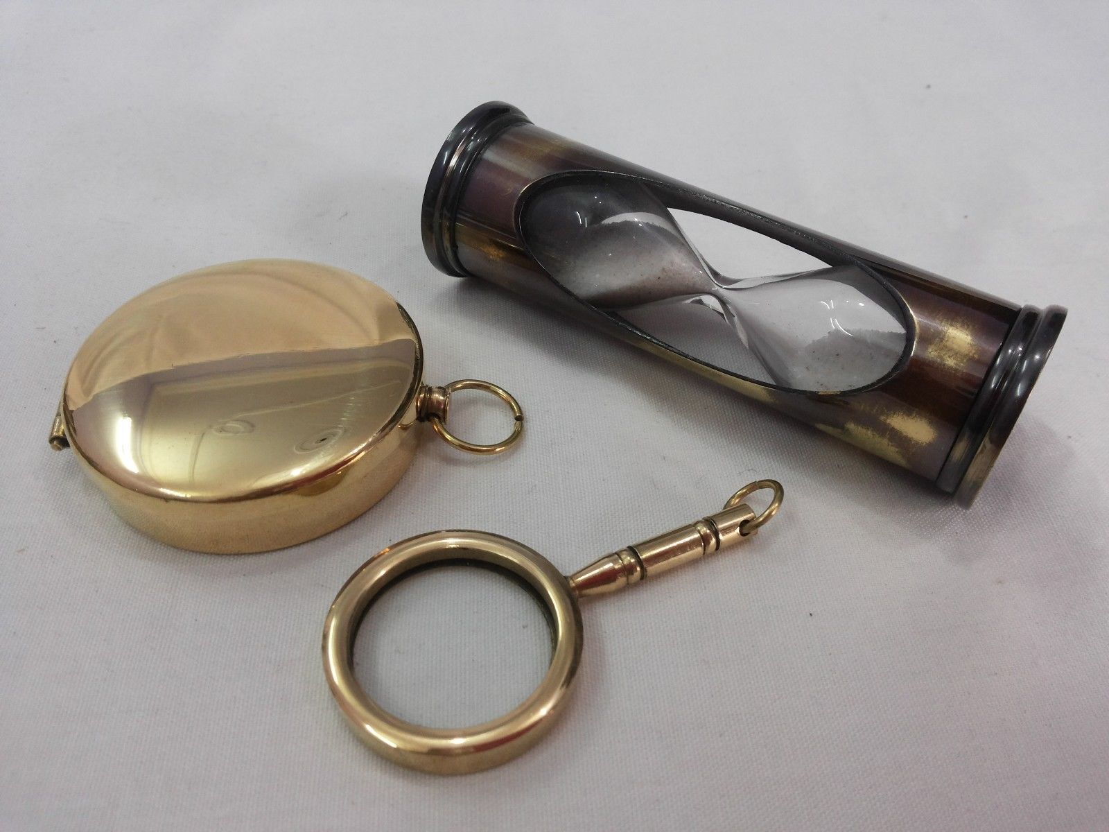 Set Of 3 Gift Antique Sand Timer Vintage Nautical Brass Compass Magnifying Glass