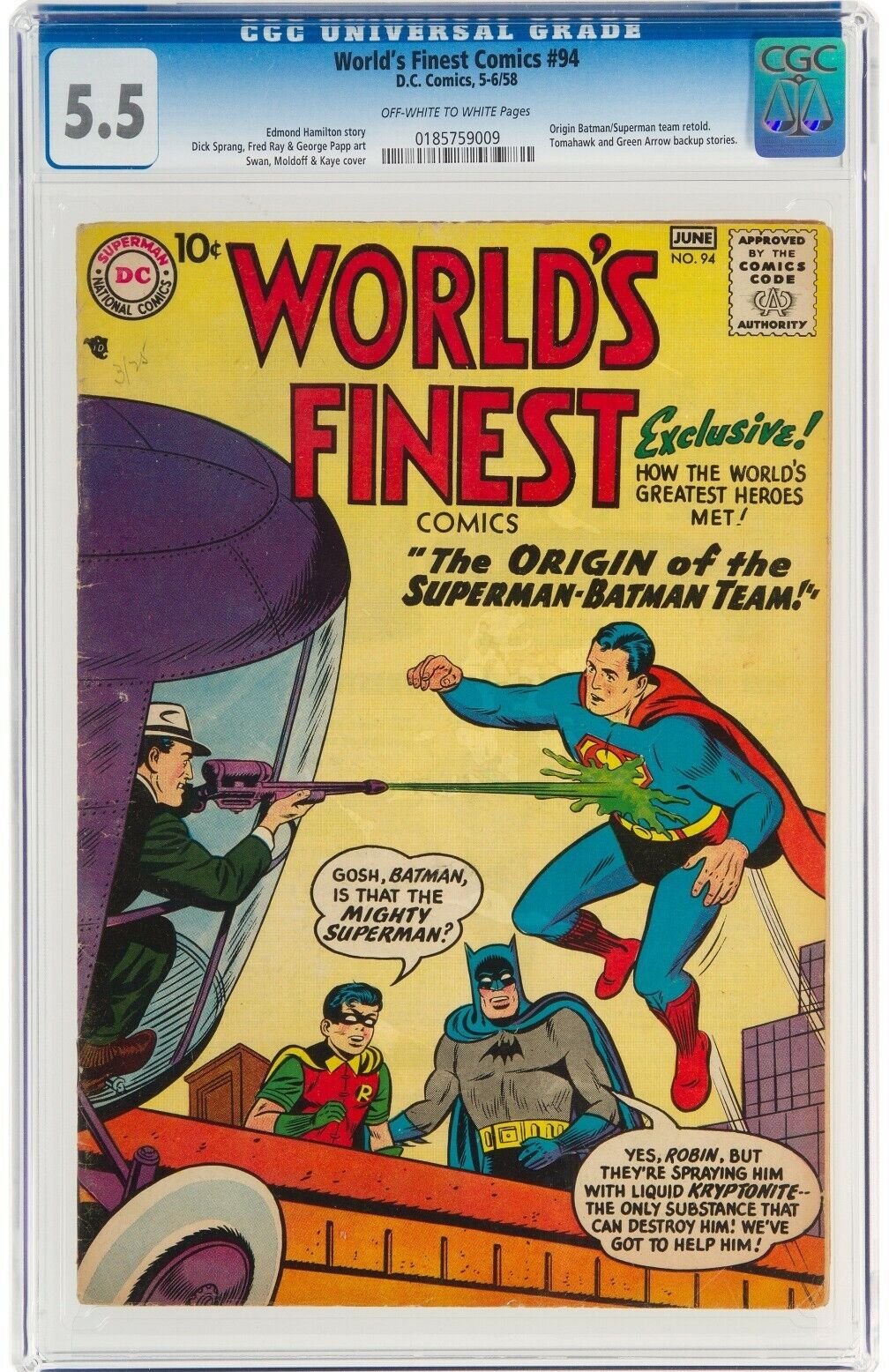 WORLDS FINEST #94 CGC 5.5 ORIGIN BATMAN SUPERMAN TEAM GREEN ARROW 1958