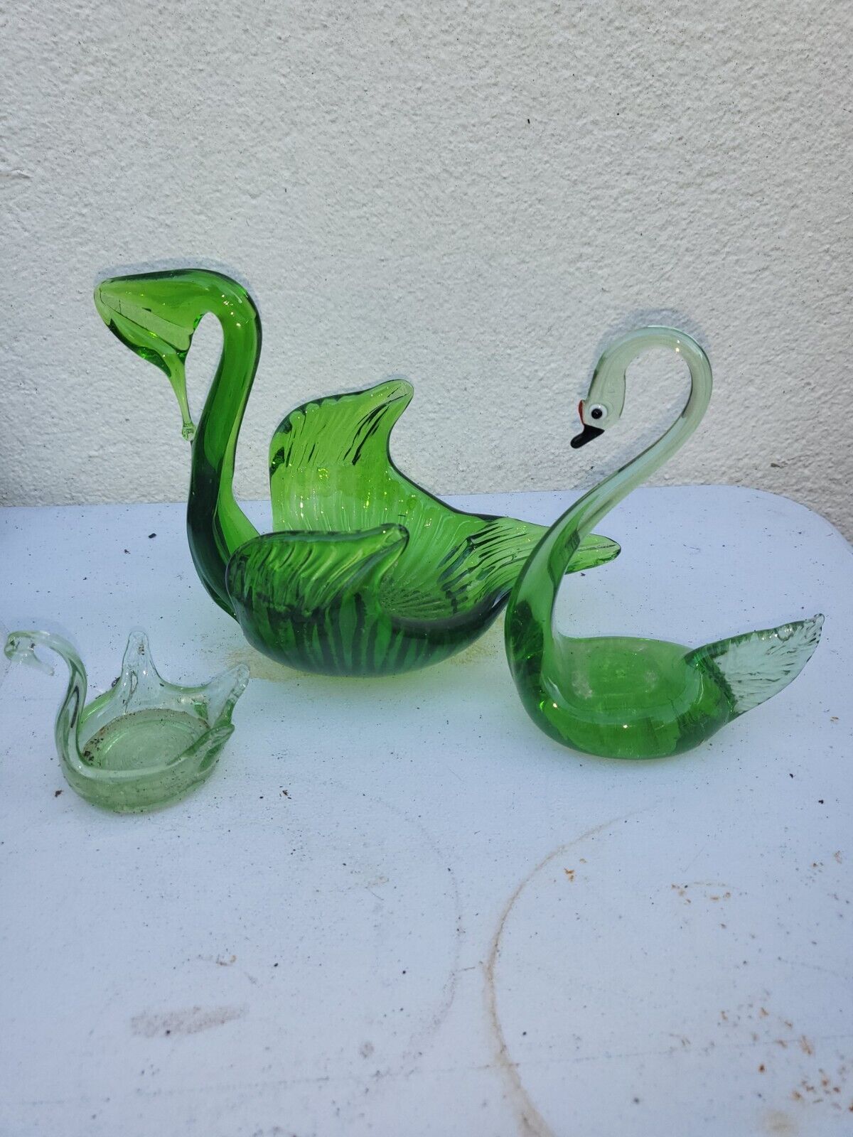 Vintage Green Glass Swan Dishes Set Of 2