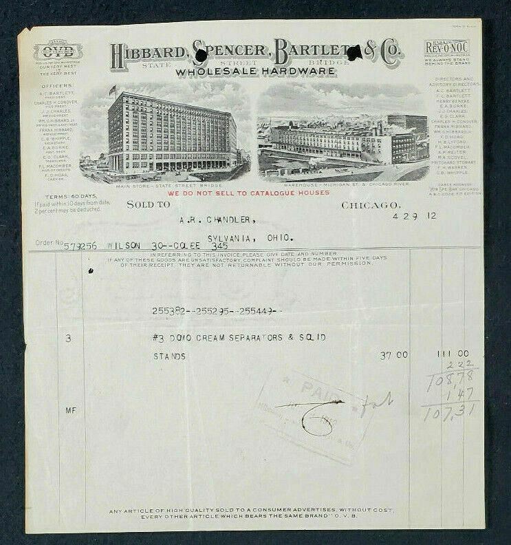 Vintage Letterhead Hibbard, Spencer and Bartlet & Co. Receipt Spencer Ohio 1912