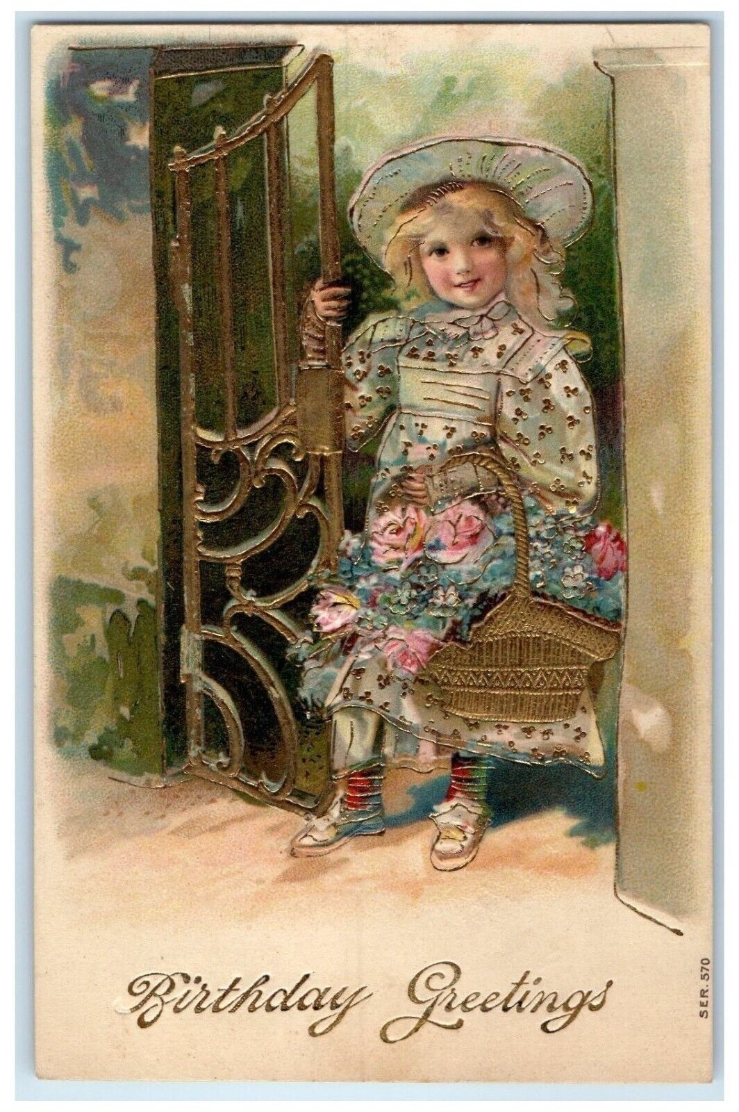 1909 Birthday Greetings Girl With Basket Of Flowers Embossed Antique Postcard