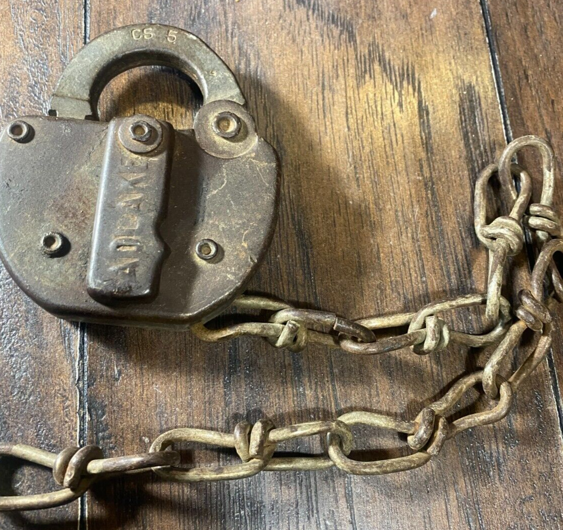 Antique Vintage ADLAKE Large Padlock / Lock w Chain ~ Circa 1920s