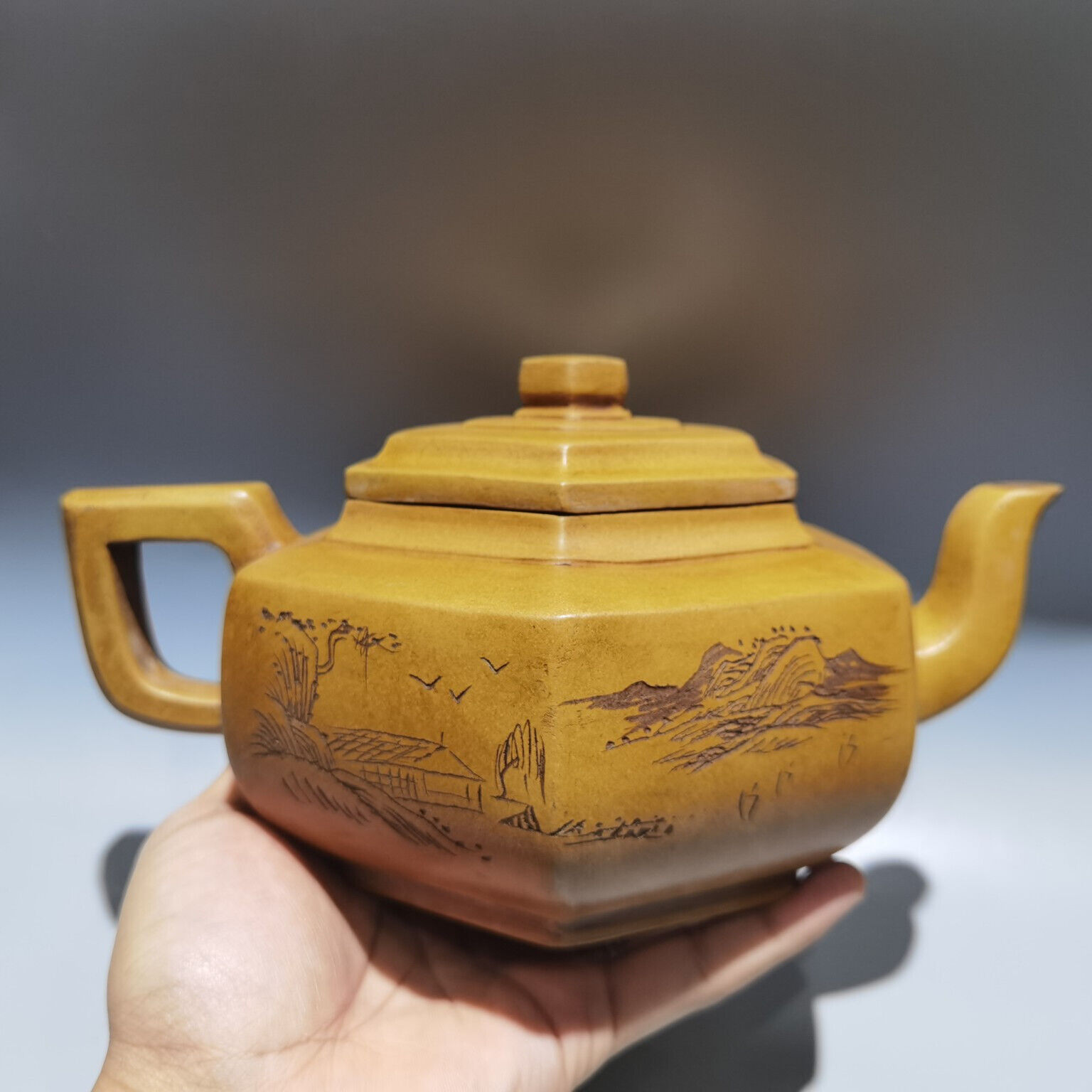 9.5″Yixing Zisha yellow Clay landscape Famous sentence Kung Fu health big Teapot