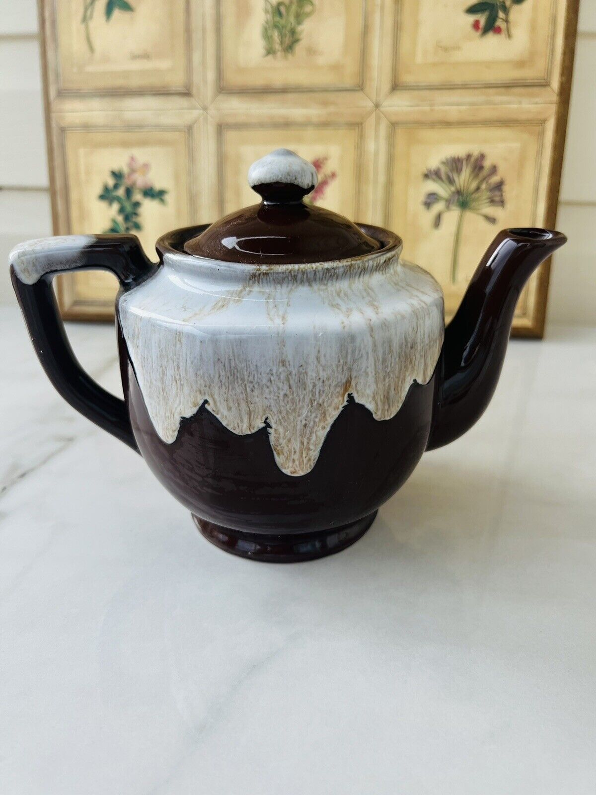 Vintage Japanese Pottery Brown Drip Glaze Teapot