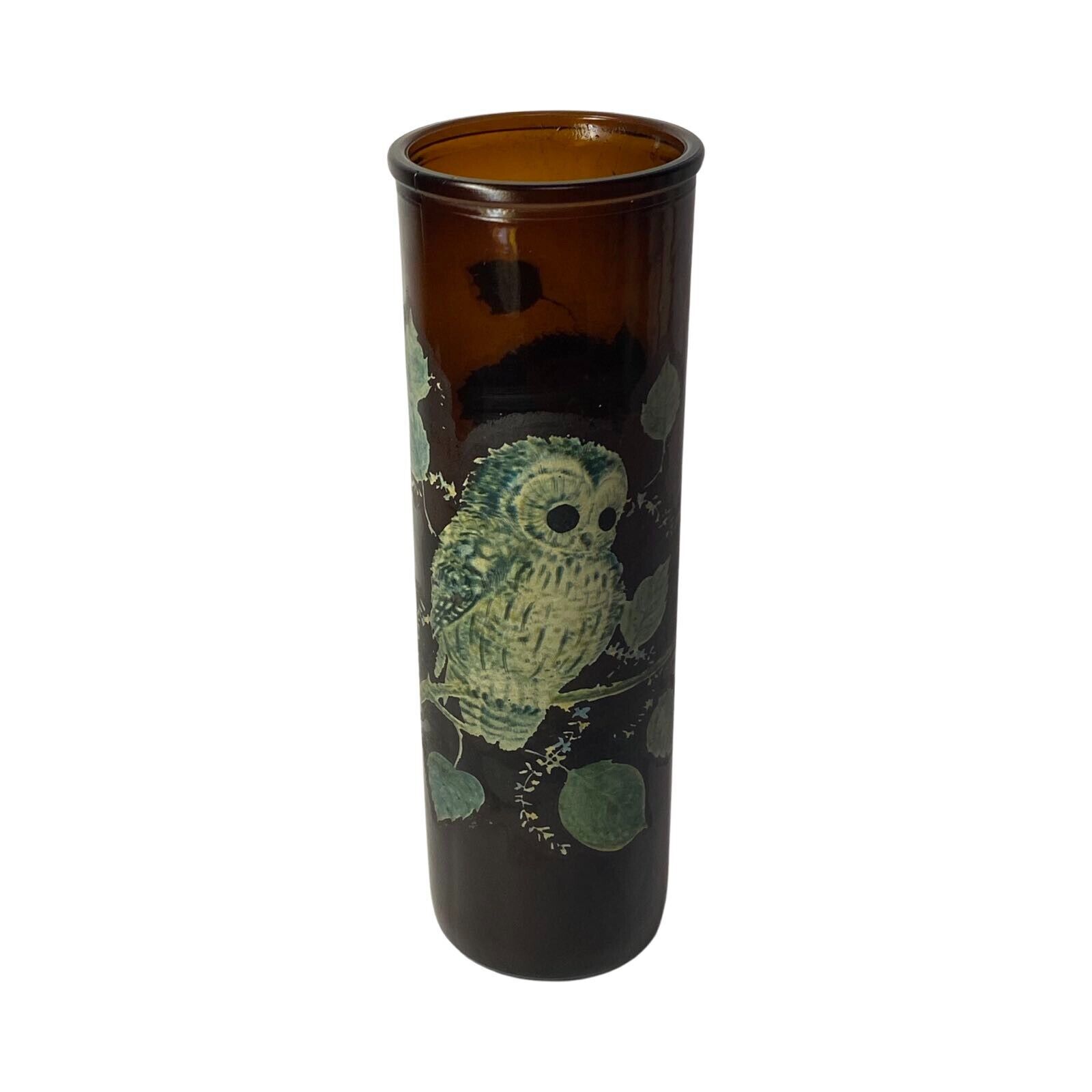 MCM Vintage Brown Glass Candle Jar Holder Tall Owl Design Decal Decor
