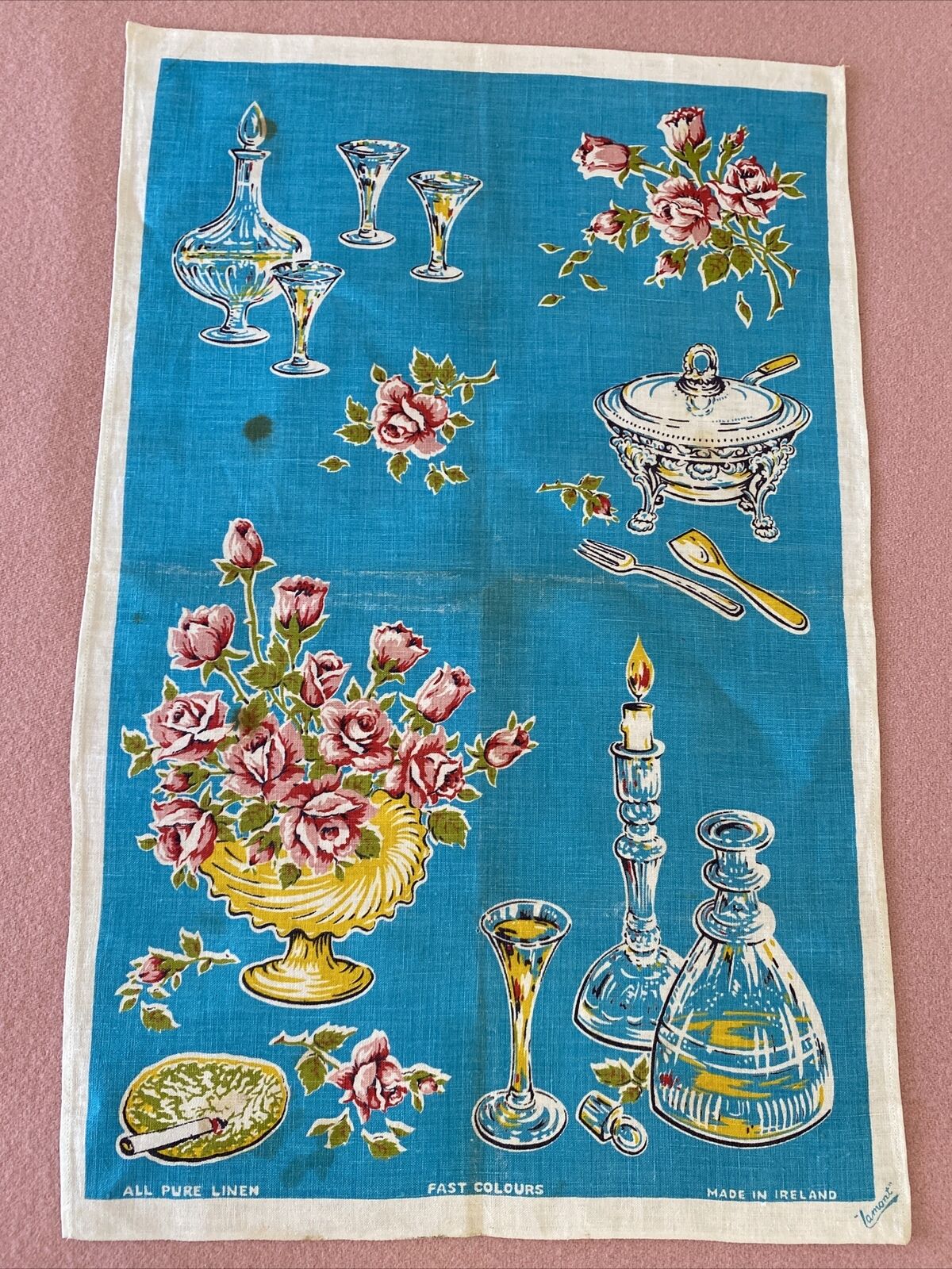 Vintage Lamont Pure Irish Linen Tea Towel Still Life Floral Rose Flowers Wine