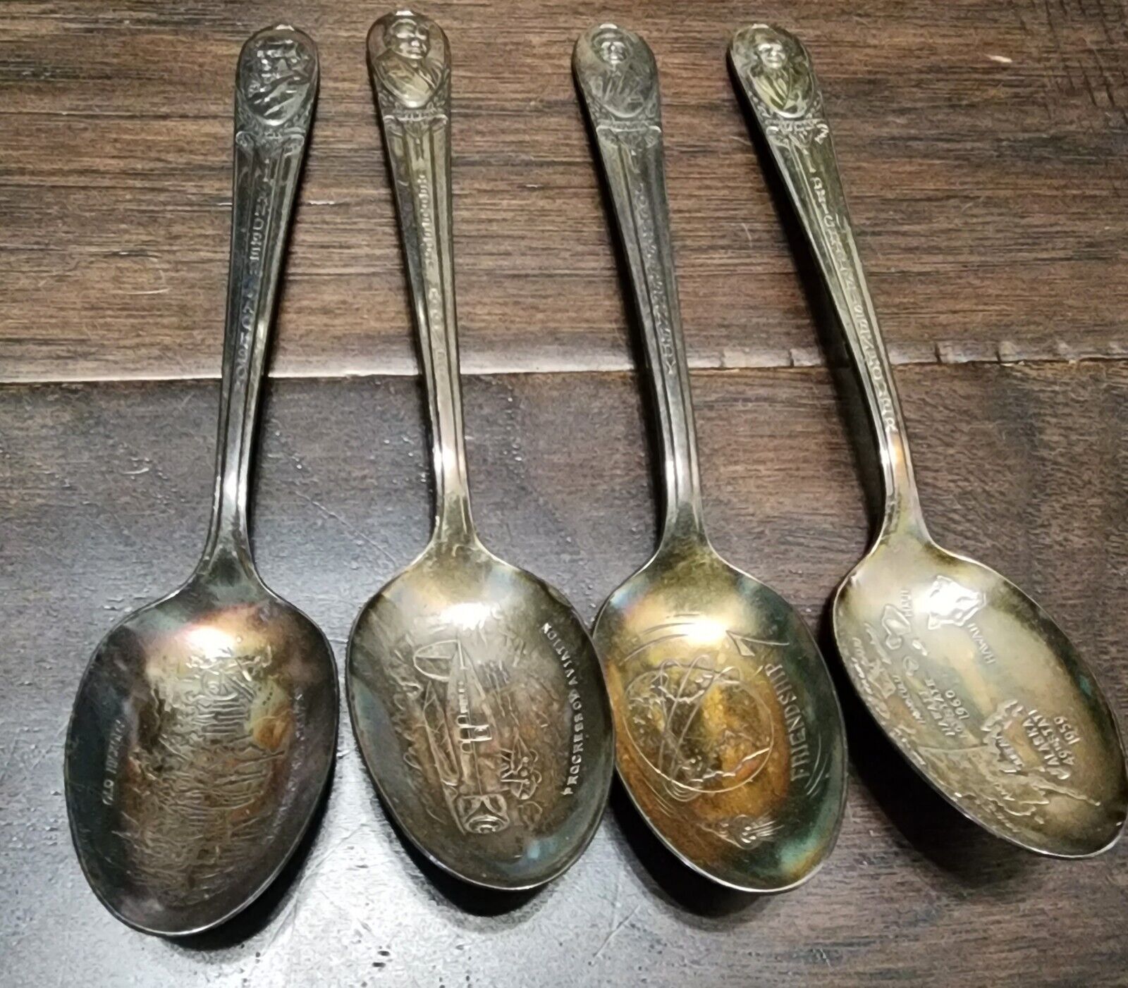 Lot of 4 WM Rogers Presidential Spoons Eisenhower, Kennedy, Hoover, and Jackson