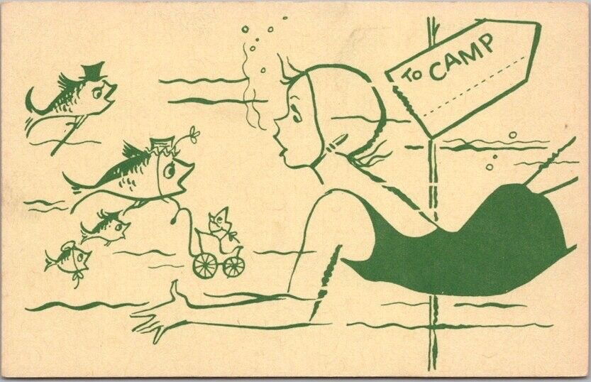Vintage 1940s GIRL SCOUT CAMP Greetings Postcard Girl Swimming with Fish /Unused