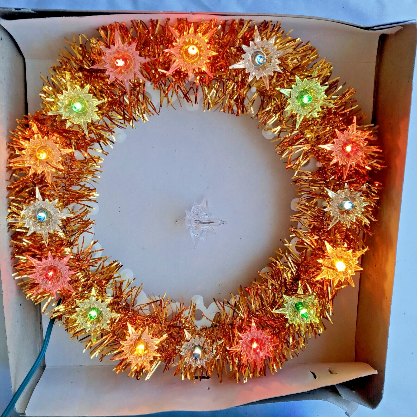 VTG Kreations Brand Howard Berger Gold 16 Light Tinsel Wreath IOB RETRO WORKING