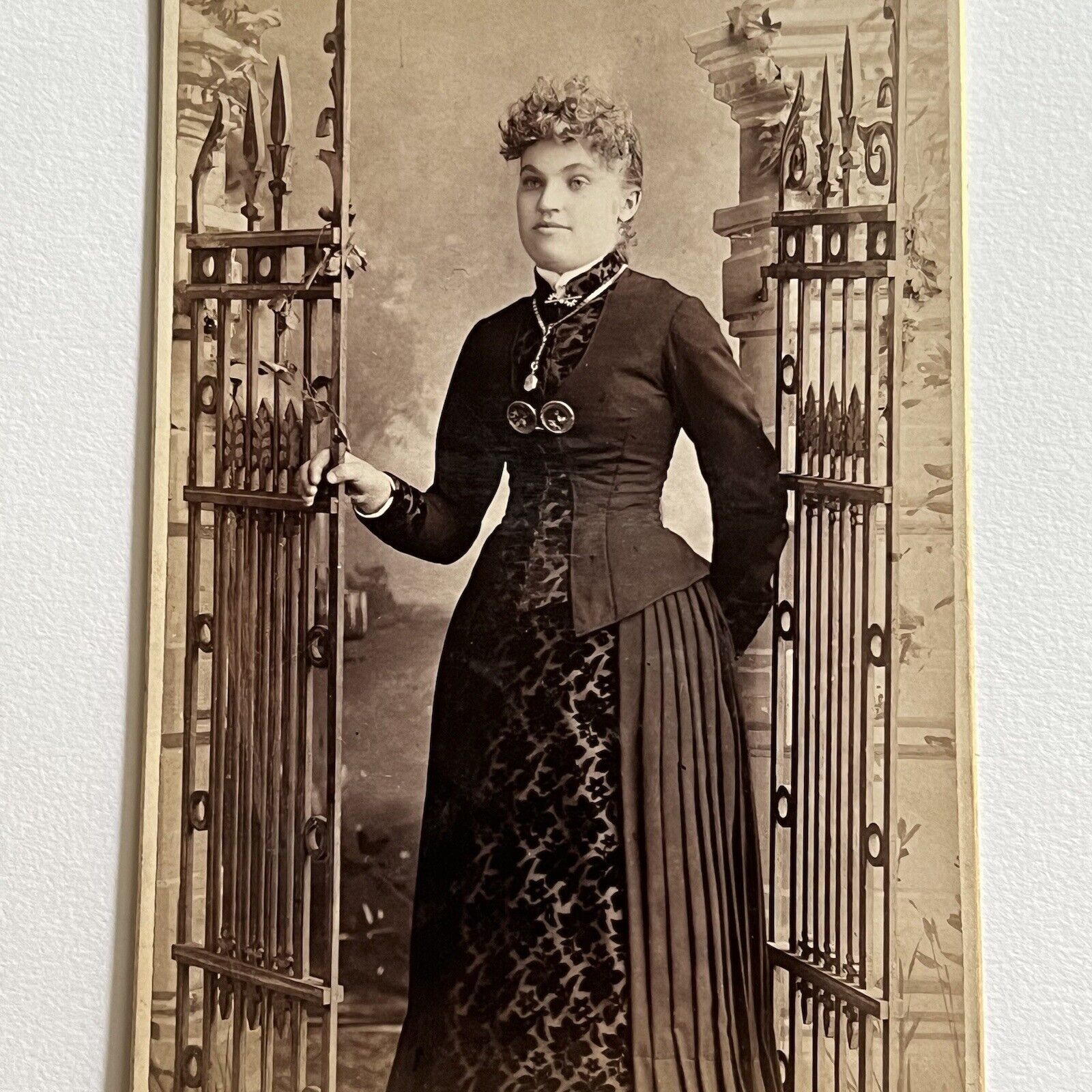Antique Cabinet Card Photograph Beautiful Young Woman Iron Gate Chicago IL