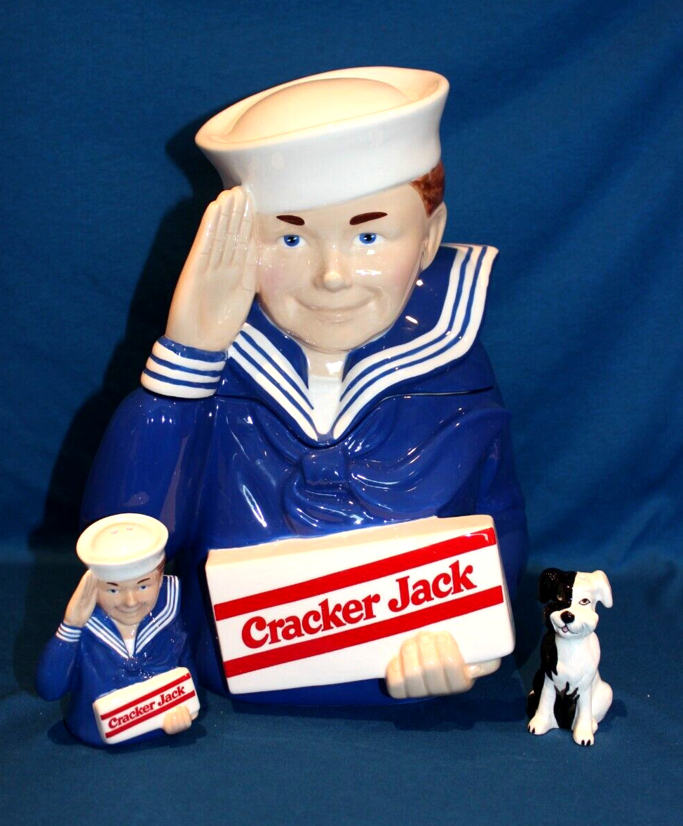 CRACKER JACK ADVERTISING LTD. ED. COOKIE JAR + SALT & PEPPER SET - MIB 1997