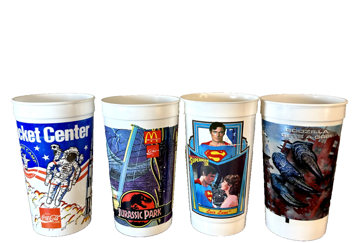 Vintage Plastic Cups Lot Of 4 Godzilla Jurassic Park Space Camp 7\