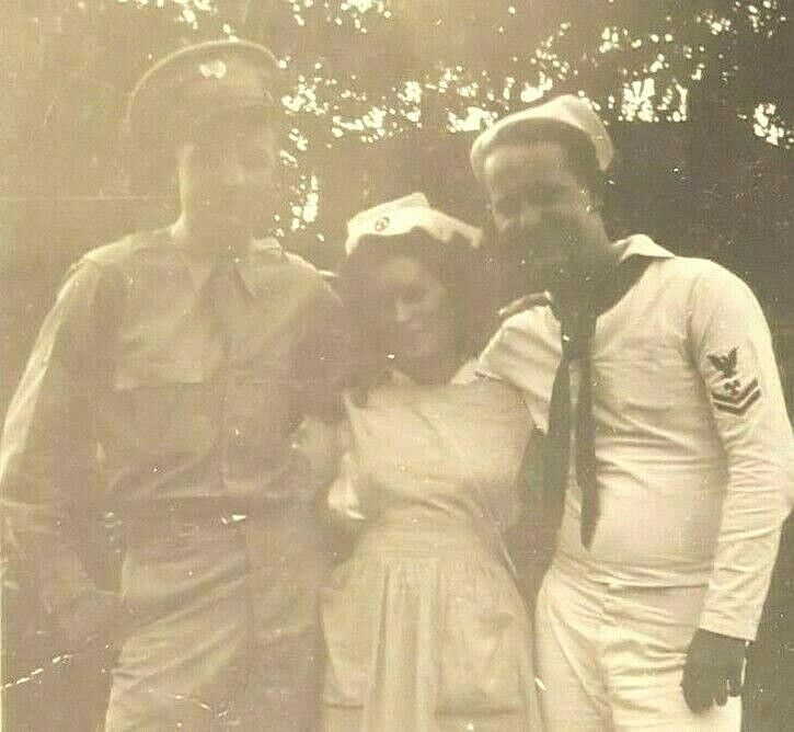 WWII Military Photo Sailor & Soldier Posing w/ Nurse Outside in Philadelphia 