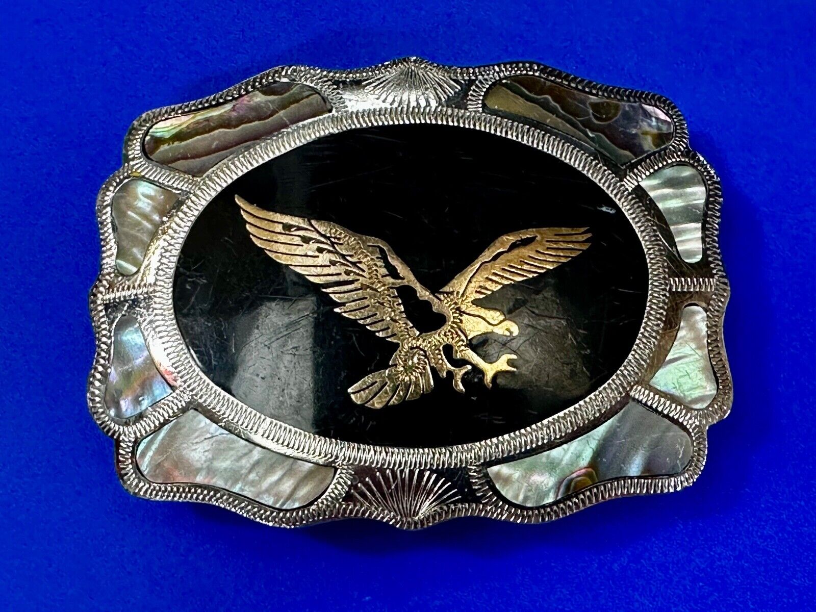 Flying Eagle Abalone Shell Border Handcrafted Belt Buckle by Johnson & Held
