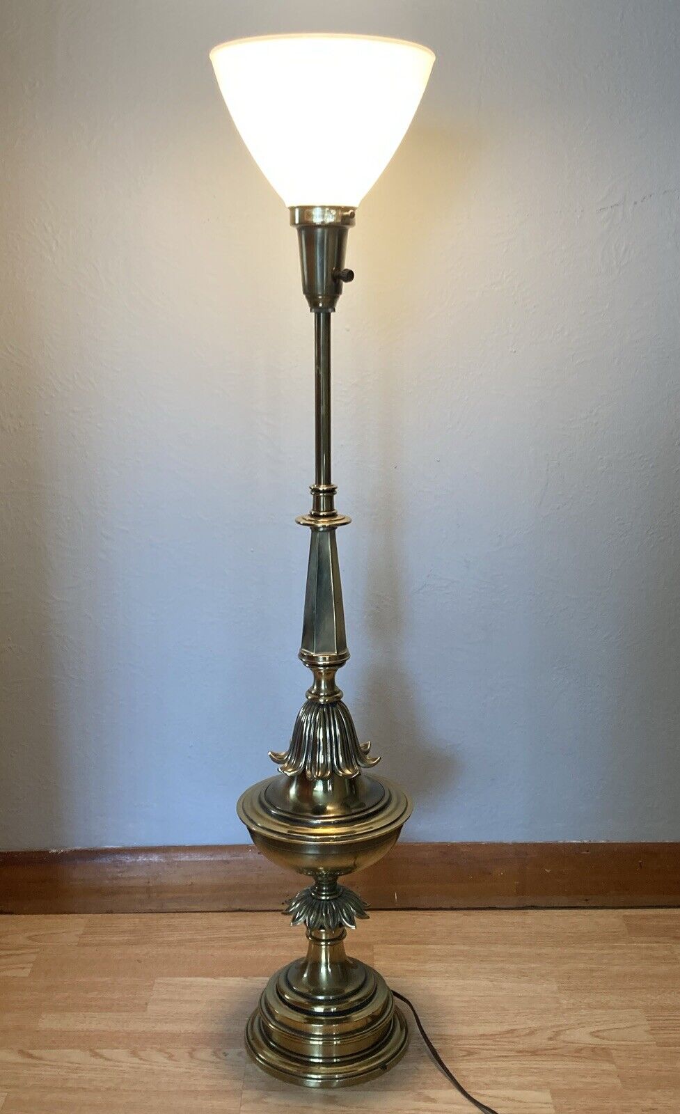 Vintage 39” STIFFEL Brass Torchiere Lamp With White Milk Glass Shade