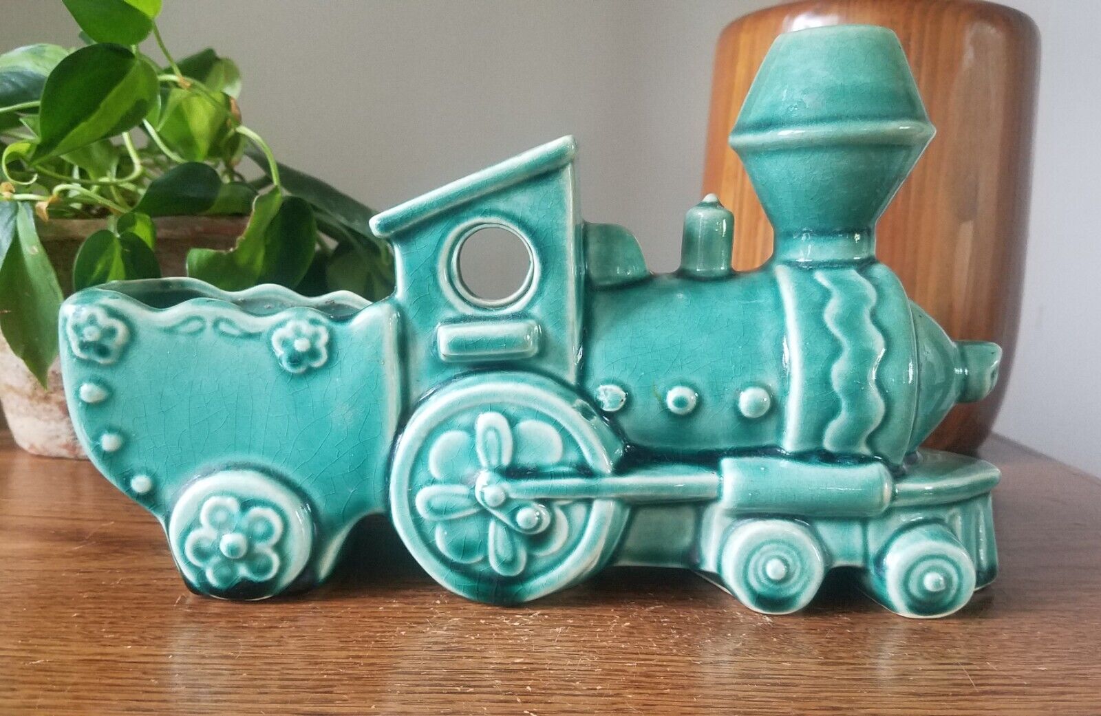 Vintage Train Engine Planter Green Ceramic McCoy