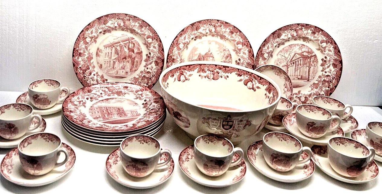 Wedgwood Pink Transferware Large 12” Punch Bowl Harvard Plate cup Saucer Set Lot