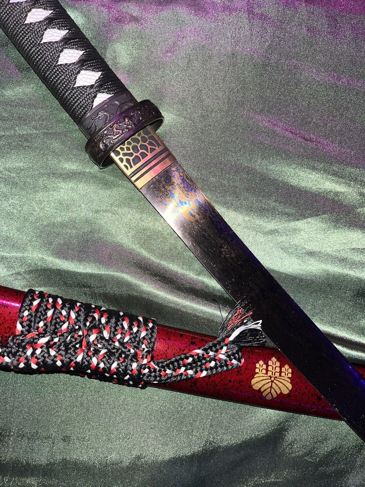 Unique Katana Sword Handmade Red And Blue Damascus Steel Steel￼ 1 Of 1