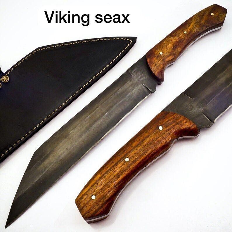 Medieval Seax Knife Custom Handmade Damascus Steel Hunting Viking Seax W/Sheath