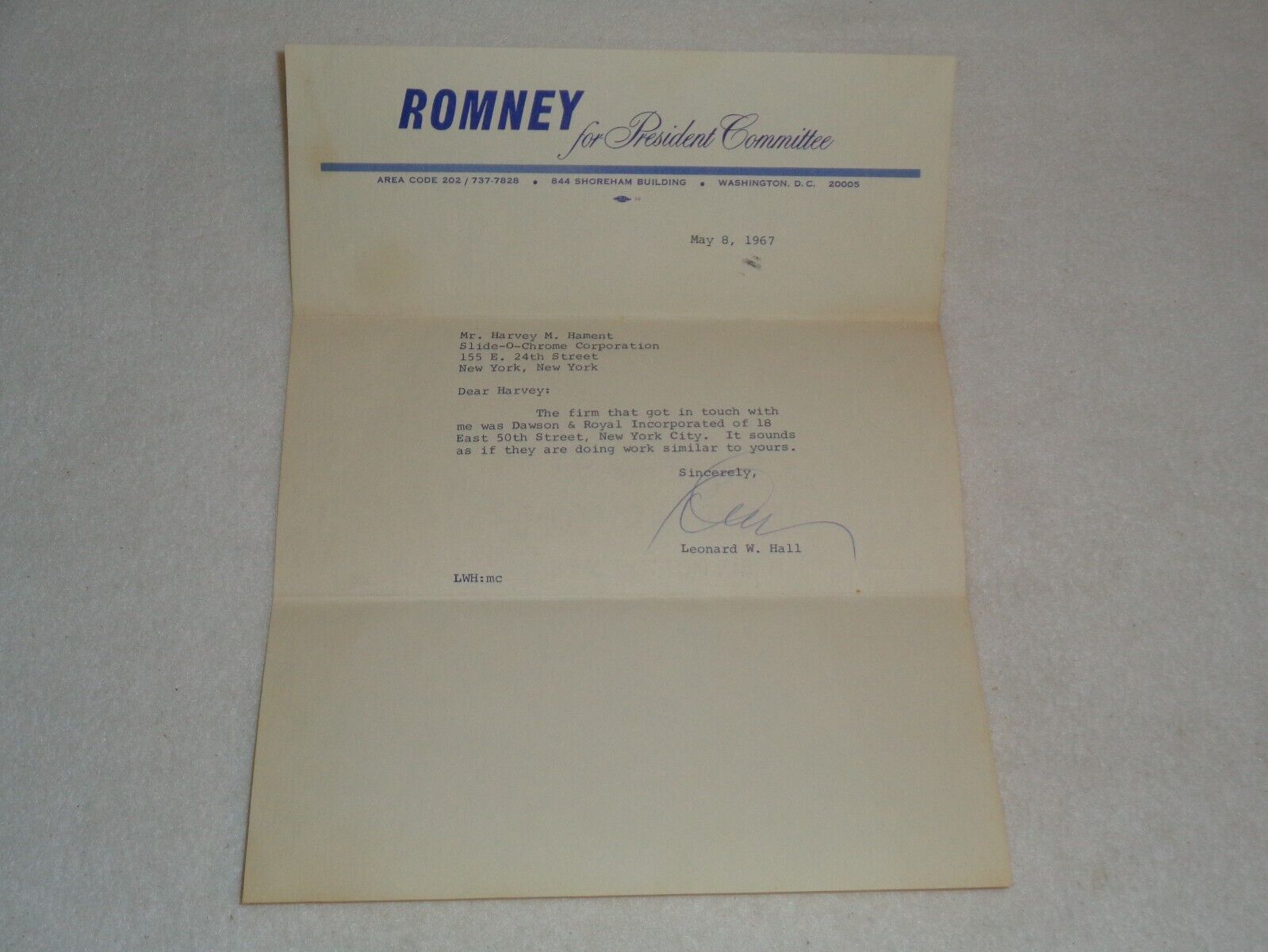 George Romney for President Committee 1967 Letter Signed by Leonard W. Hall