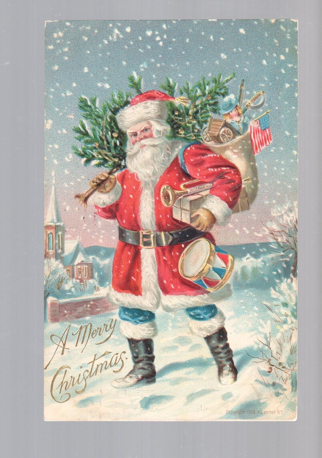 sn810 Antique postcard Christmas Santa Claus Red suit lots of gifts tree 1907