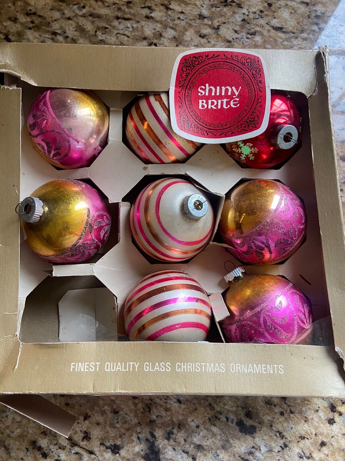 8 Large Vintage Shiny Bright Christmas Ornaments in Original Box