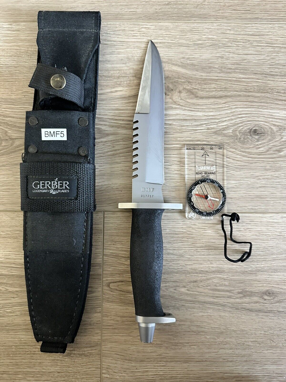 Vintage Gerber BMF Survival Knife With Serrated Saw Teeth, Sheath & Compass
