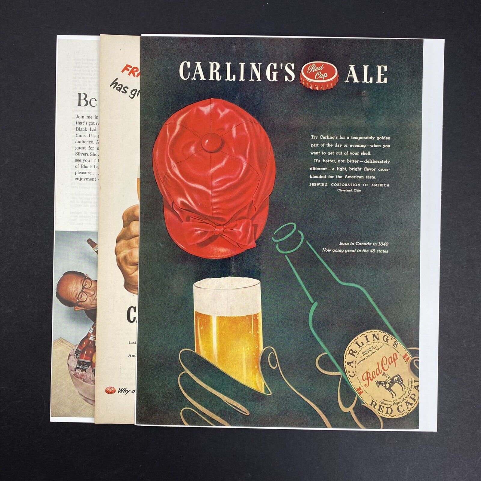 Vintage Lot of 3 Carling's Red Cap Ale, Carling Black Label Beer Print Ads